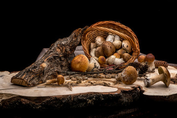 mushrooms in a basket on a black background