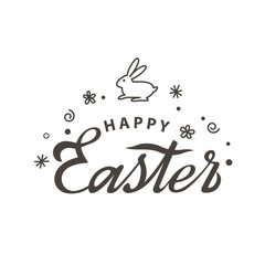Handwritten Happy Easter with Easter Bunny in retro style. flat vector illustration