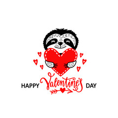 Happy Valentine's day greeting card with cute sloth and heart. Romantic handwritten phrase about love.