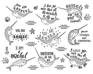  Set of hand drawn cute funny narwhals with inspirational quotes. © Maroshka