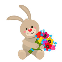 Funny character Easter bunny holding in his paws a bouquet of flowers from tulips. The concept of Valentine, Wedding, March 8, Mother's Day. flat vector illustration