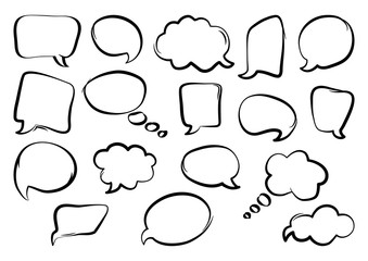 Set of speech bubbles, hand drawn, outline design. Vector illustration