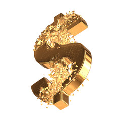Fractured Gold Dollar value with disappearing effect. Financial crisis concept. 3d render isolated on white