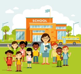 School building and school children in flat style.