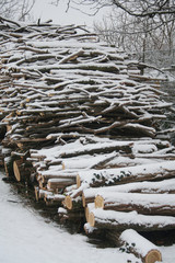 Pile of firewood covered by snow in the garden in winter season.