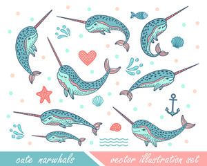 Set of hand drawn cute funny narwhals. Doodle whales for print designs, posters, t-shirts.  © Maroshka
