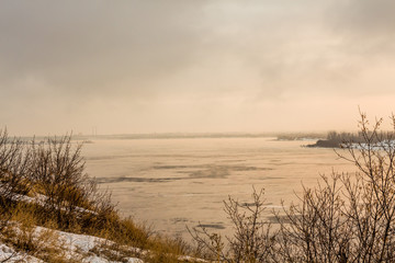 beautiful sunrise over the river in winter