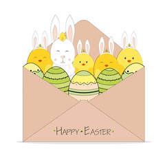 Colored kraft envelope with flowers, Easter eggs, little chicken,rabbit, bunny and text.  Happy Easter greeting card. Easter background.  Hand drawn vector illustration