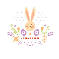 Happy Easter Greeting card, cute bunny and floral decorative elements