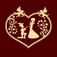 Corrugated composition with a silhouette of a heart with a cupid, a boy on his knees and a girl in a long dress,