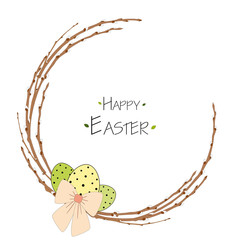 Colorful Happy Easter greeting card with willow wreath, Easter eggs and text. Easter background. Hand drawn vector illustration