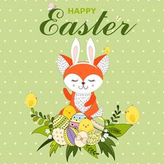 Colorful Happy Easter greeting card with fox with rabbit ears, little chickens, Easter eggs, flower and text. Easter background. Hand drawn vector illustration