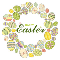 Colorful Happy Easter greeting card with Easter eggs and text. Easter background.  Hand drawn vector illustration