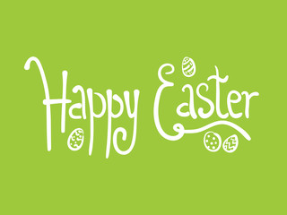 White doodle handwritten Happy Easter text with eggs on green grass background. Funny comic Easters lettering with sketch outline egg for greeting card, spring holiday invitation design