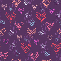 Dark magenta seamless pattern with pink hearts and blue dotted elements on purple background. Lovely scandinavian texture with doodle heart shapes for St. Valentines wrapping paper, surface, textile
