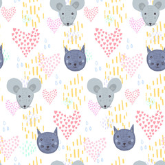 Cute cartoon seamless pattern with gray mice and blue cats heads with pink hearts and yellow lines on white background. Funny hand drawn texture for kids design, wallpaper, textile, wrapping paper