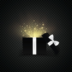 Opened gift box with white bow and abstract light. Vector illustration.