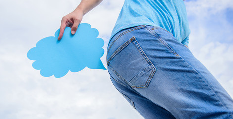 Man suffers from diarrhea. The guy is holding farting cloud near ass trying to hold back the urge....