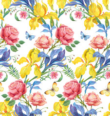 Roses, blue and yellow irises. Seamless background pattern version 1