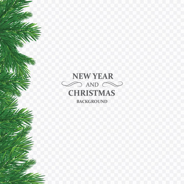 Background with vector christmas tree branches and space for text. Realistic fir-tree border, frame isolated on white. Great for christmas cards, banners, flyers, party posters