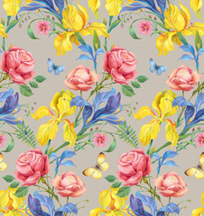 Roses, blue and yellow irises. Seamless background pattern version 5