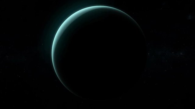 Realistic planet Uranus rotating in deep space. Seamless loop digital background.