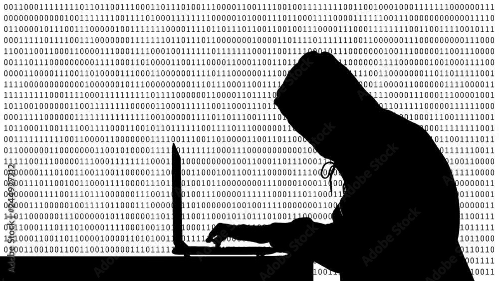 Fototapete Hacker typing on a laptop with 01 or binary numbers on the computer screen on monitor background matrix, Digital data code in security technology concept. Human shape abstract illustration