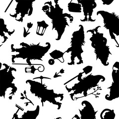 Silhouette fantastic gnome in the garden and in search of treasure. Background fairytale dwarf elf. Vector seamless pattern.
