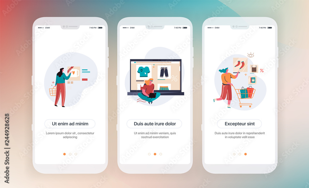 Aufkleber online shopping. design of mobile application intro screens. application templates concept vector on