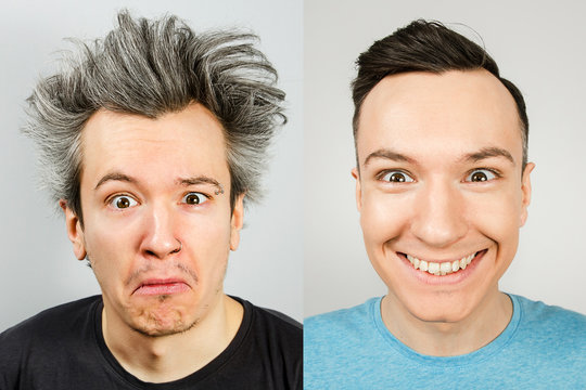 two young men: on the left before the haircut with long gray hair, untidy, overgrown, on the right trimmed well-groomed guy with a stylish haircut. Concept with real photos