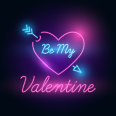 Be My Valentine letter neon glow in the dark. Heart and arrow shape. Valentines Day Romantic Greeting. Vector