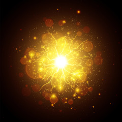 Golden glowing lights effects isolated on dark background, abstract magic energy Illustration