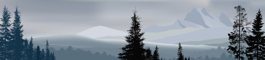 mountains in grey forest panorama
