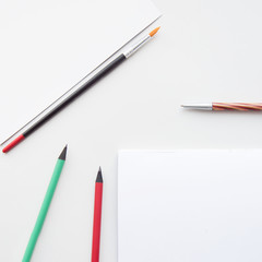 School accessories. Back to school. Copy space. Frame with school supplies on a white background. Flat lay, top view.