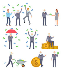 Set of old businessman characters posing with money. Old man giving money, celebrating, standing under money rain and showing other actions. Flat design vector illustration