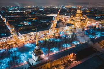Night panoramic view from the aerial view of the center of St. Petersburg. St. Isaac's Cathedral, the spire of the Admiralty.