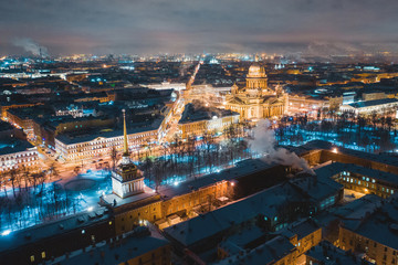 Fototapeta na wymiar Night panoramic view from the aerial view of the center of St. Petersburg. St. Isaac's Cathedral, the spire of the Admiralty.