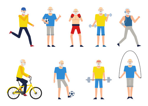 Set of old man characters doing various sports. Cheerful old man running, playing football, boxing, jumping and doing other actions. Flat design vector illustration