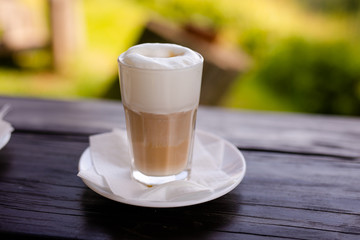 A glass of cappuccino on the terrace. Lithuania, Vilnius district