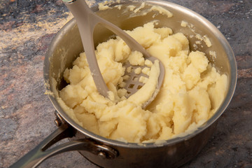 Close up image of a pan of mashed potato 