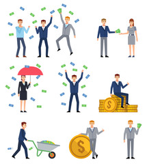 Set of people posing with money. Wealth, rich man and woman, win lottery, financial success. Flat style vector illustration