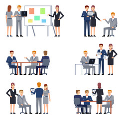 Business people at meeting. Set of businessman and businesswoman at office, presentation, business conversation. Flat design vector illustration