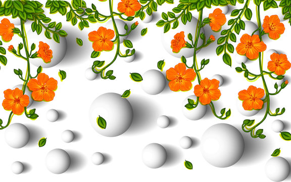 3d Illustration, White Background, Balls, Orange Flowers On Green Stalks Hang From Above