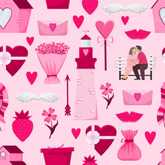 Lovely vector seamless pattern for Valentine's day. Flat cartoon illustrations.