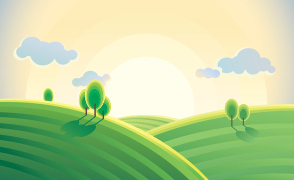 Morning landscape with hills, sunrise over hills in cartoon style. Vector illustration.
