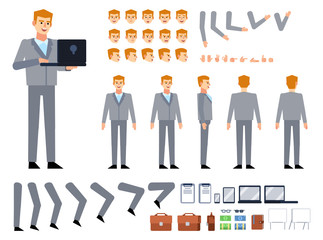 Businessman in grey suit creation kit. Create your own pose, action, animation. Diverse poses, gestures, emotions, design elements. Flat style vector illustration
