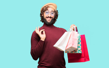 French artist with a beret and shopping bags