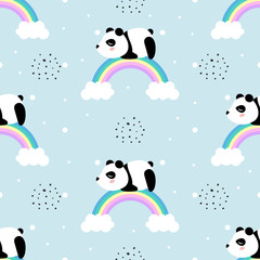 Panda, rainbow  seamless pattern for kid, cartoon vector
