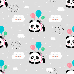 Panda met ballonnen en wolken naadloos patroon voor kind, cartoon vector.