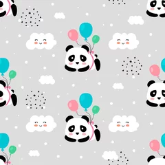 Wallpaper murals Animals with balloon Panda with balloons and clouds seamless pattern for kid, cartoon vector .